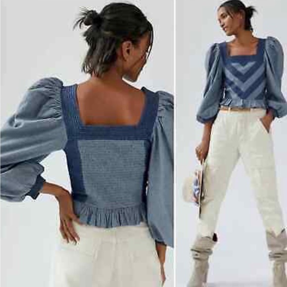 HP 🎉 Love The Label Anthropologie Smocked Puff Sleeve XXS P Blue Chevron Denim - Picture 10 of 10
